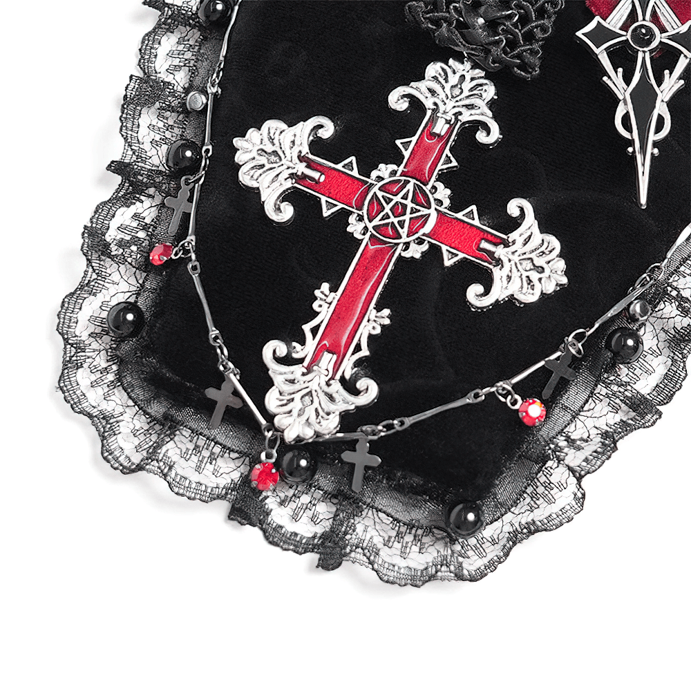Gothic lace coffin brooch with intricate red cross, lace trim, and dark embellishments for alternative fashion.