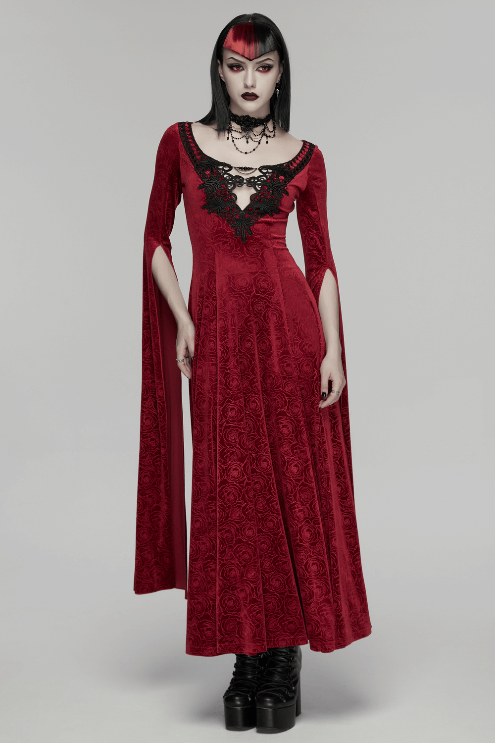 Gothic Lace Cross Necklace with Beads and Chains worn with a dramatic red cape dress for an enchanting Gothic look.