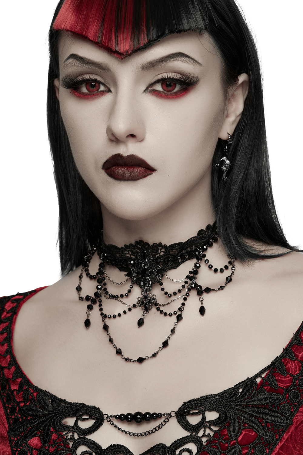 Gothic Lace Cross Necklace with Beads and Chains worn by a model with dramatic makeup and red accents.
