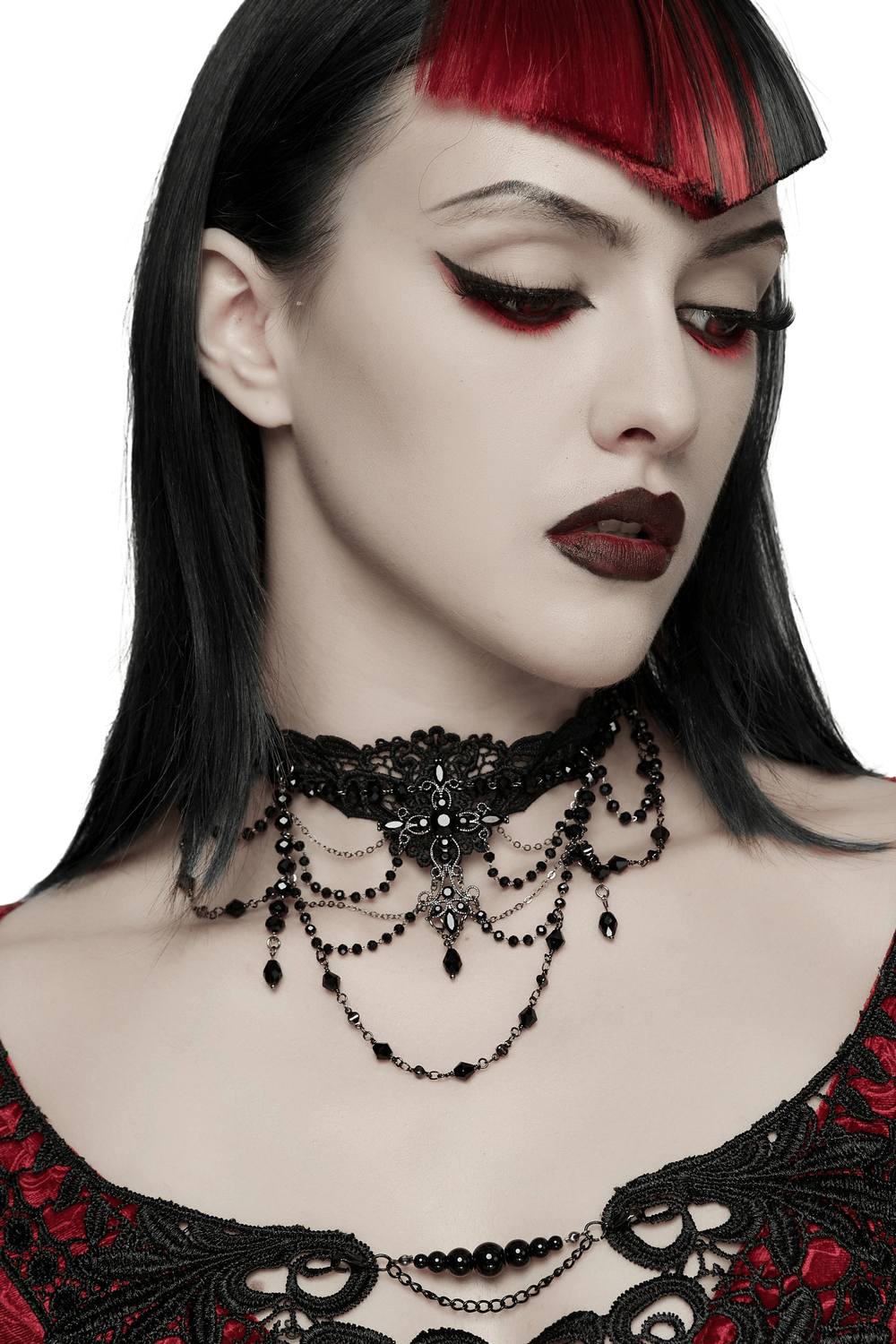 Gothic Lace Cross Necklace with Beads and Chains worn by a model showcasing its dark elegance.