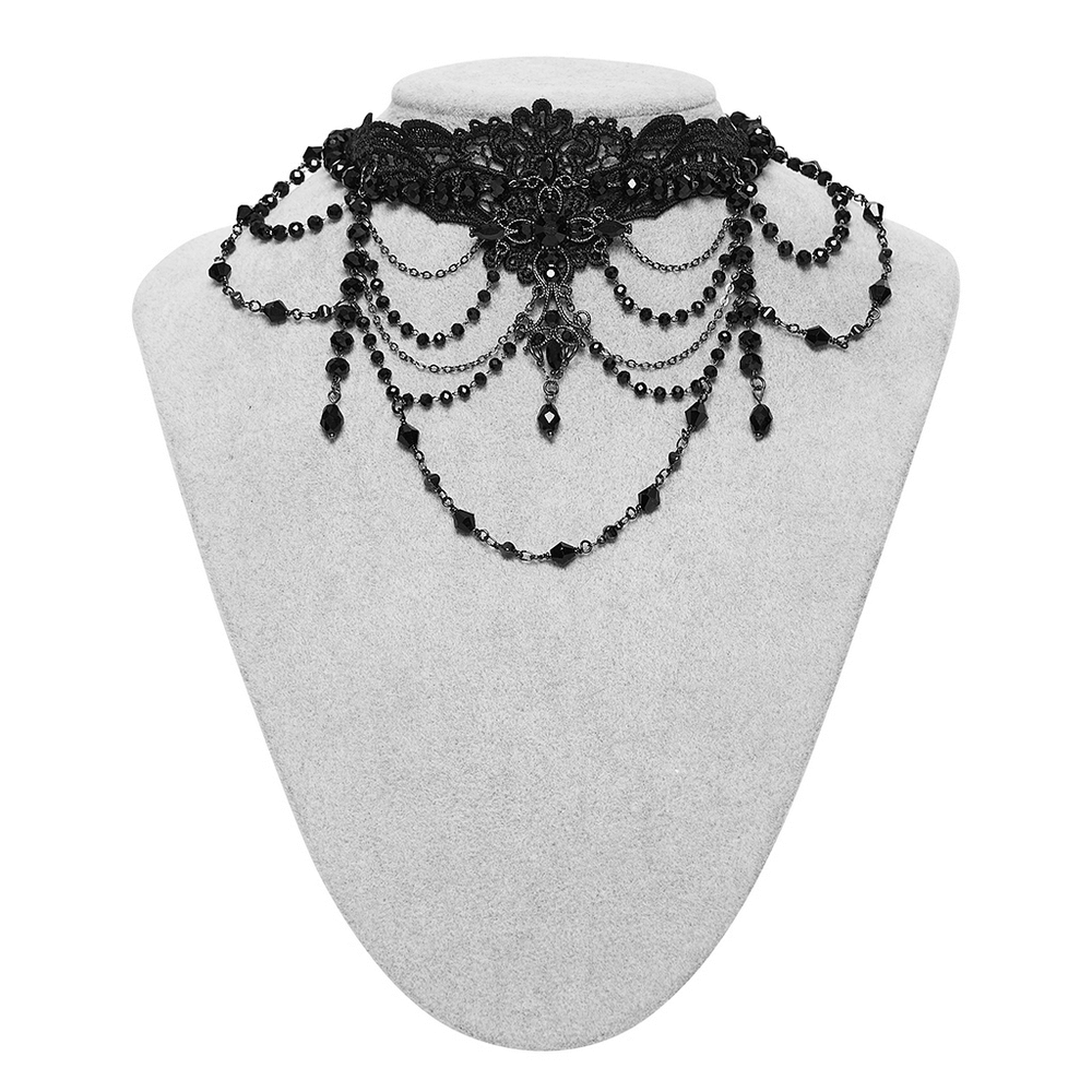 Gothic Lace Cross Necklace with Beads and Chains featuring layered lace and dangling bead chains.