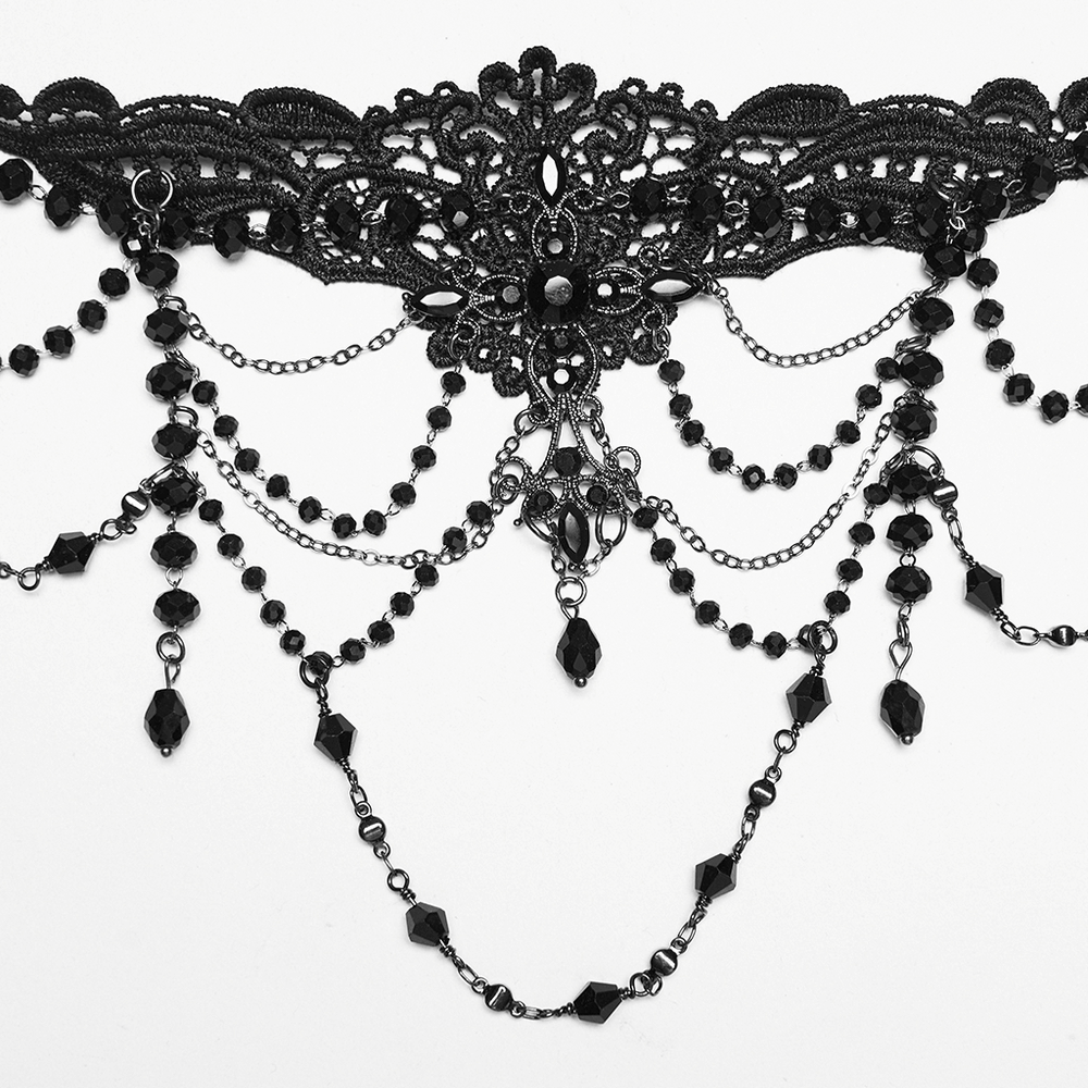 Gothic Lace Cross Necklace with Beads and Chains featuring layered lace and dramatic bead chains.