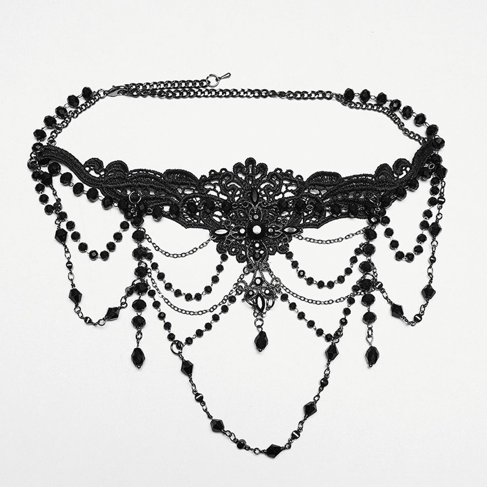 Gothic Lace Cross Necklace with Beads and Chains featuring layered lace and dramatic chains.