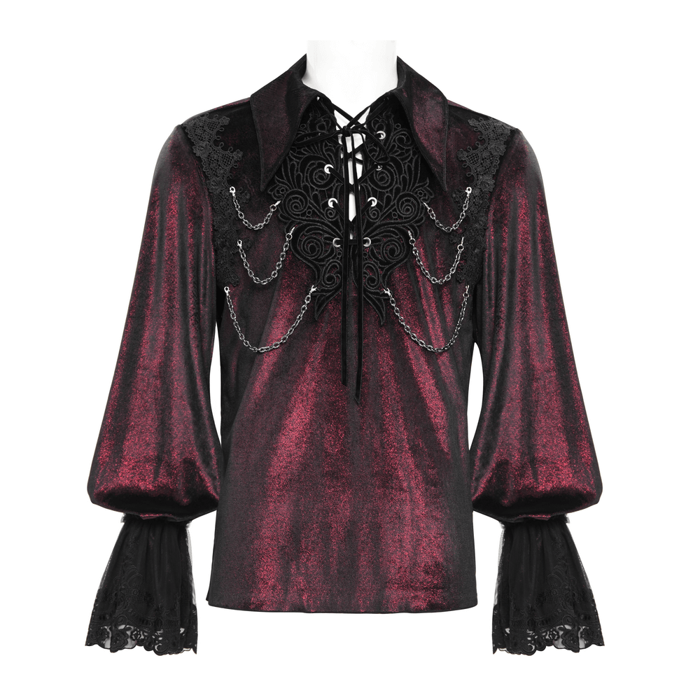 Gothic lace detailed vampire shirt with chains, featuring Victorian style and intricate black lace trim. Perfect for gothic fashion enthusiasts.