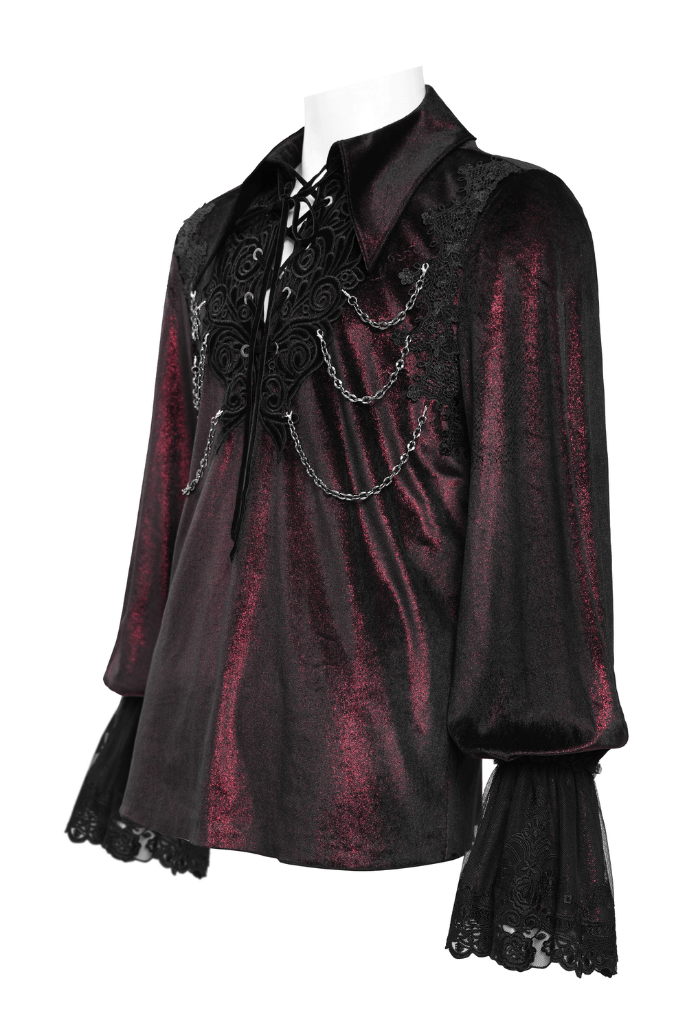 Gothic lace detailed vampire shirt with chains, featuring Victorian elegance and intricate dark fabric for a dramatic look.