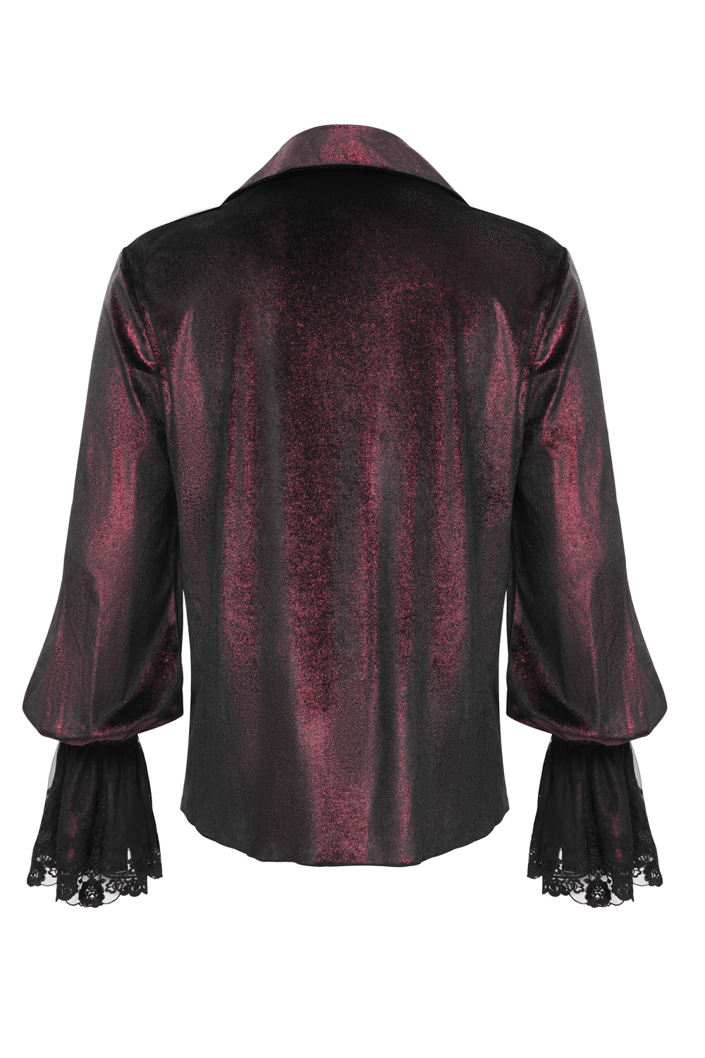 Back view of Gothic Lace Detailed Vampire Shirt featuring dramatic lace-trimmed sleeves and shimmering dark fabric.