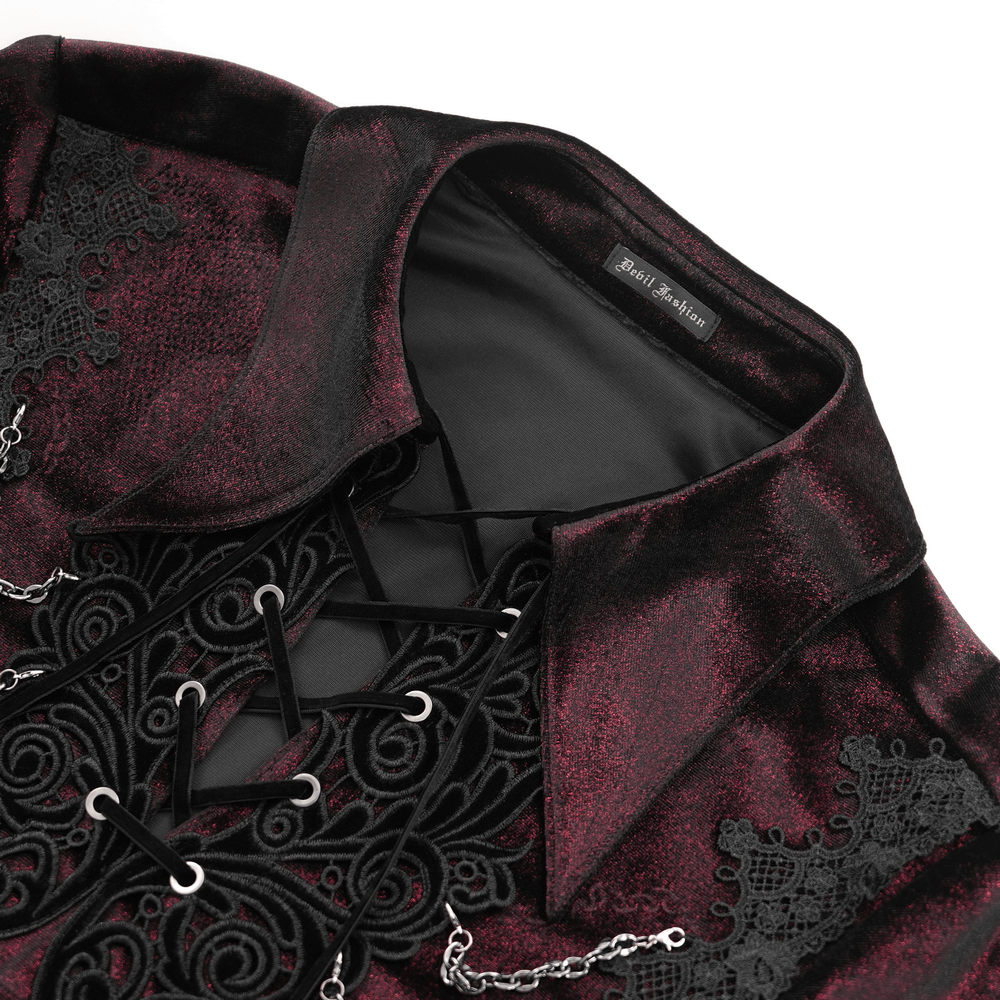 Intricate lace detailing and chains on a Gothic Victorian-style shirt in rich dark fabric, perfect for gothic enthusiasts.