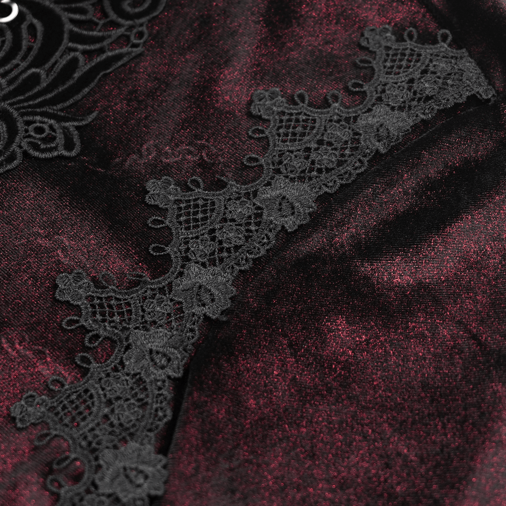 Intricate black lace trim on rich dark fabric, showcasing Victorian elegance in Gothic lace detailed vampire shirt.