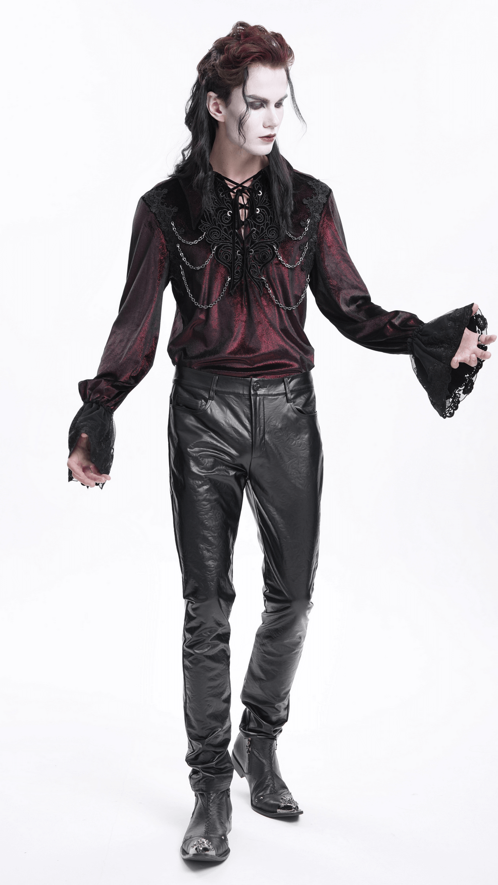 Gothic lace detailed vampire shirt with chains worn by model, highlighting Victorian elegance and dark style.