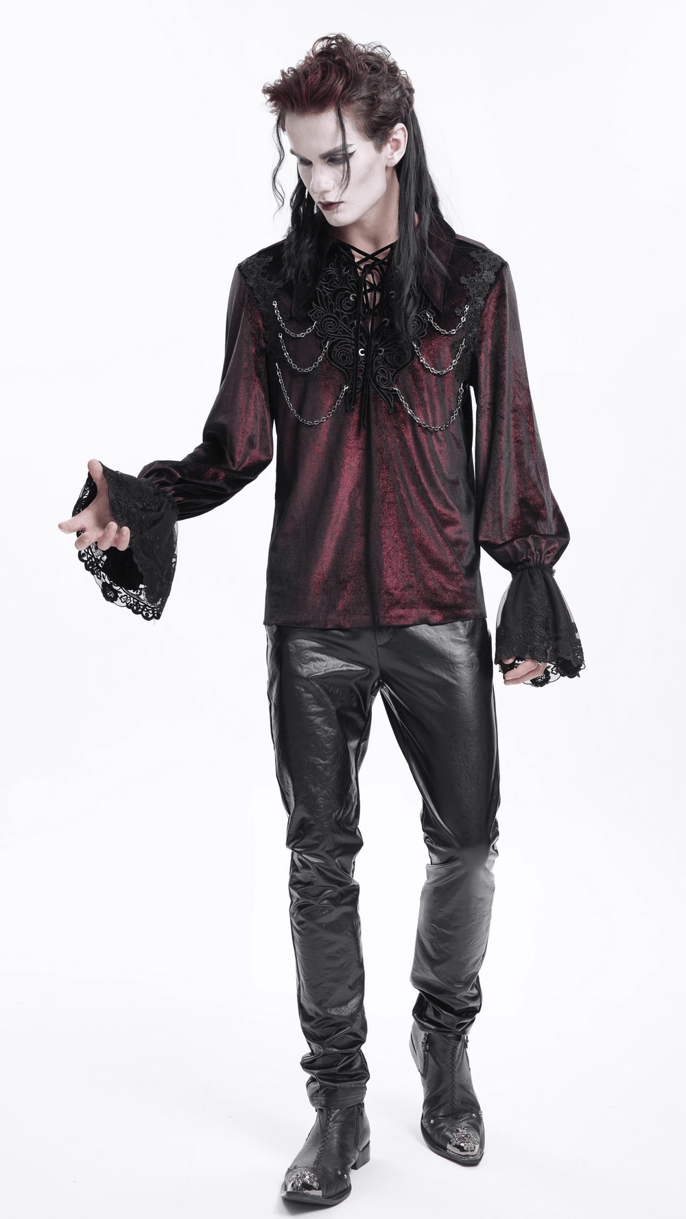 Gothic Lace Detailed Vampire Shirt With Chains