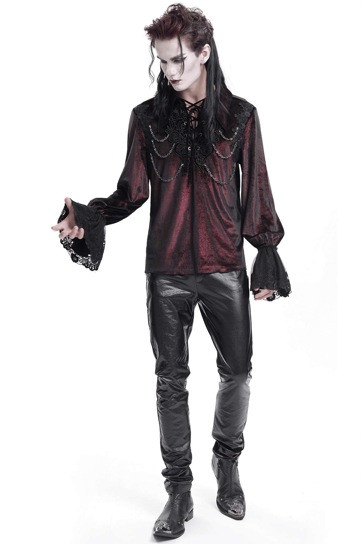 Gothic Victorian vampire shirt with lace details and chains, perfect for dark fashion enthusiasts and macabre events.