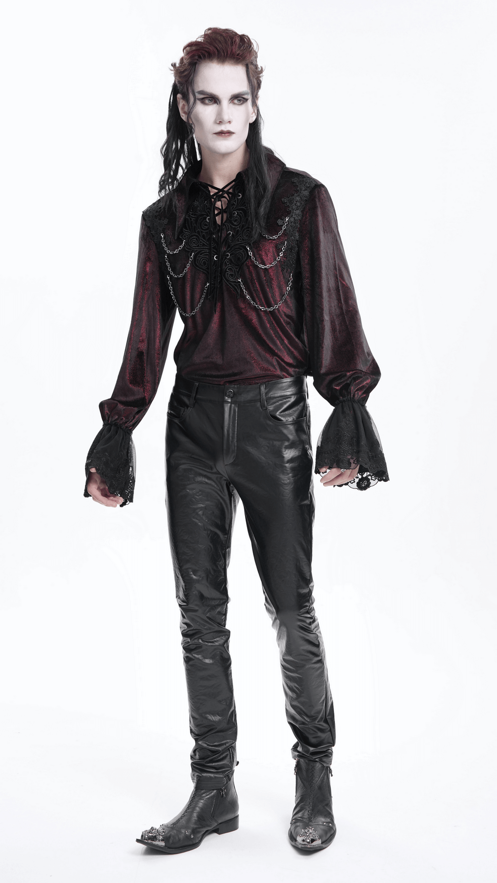 Gothic Lace Detailed Vampire Shirt With Chains