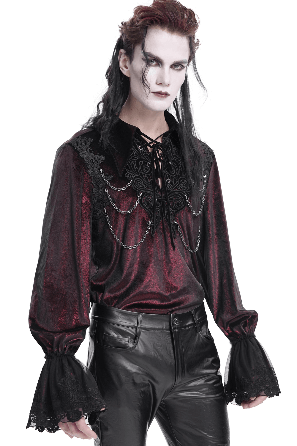 Gothic lace detailed vampire shirt with chains, perfect for dark elegance and Victorian-inspired outfits.