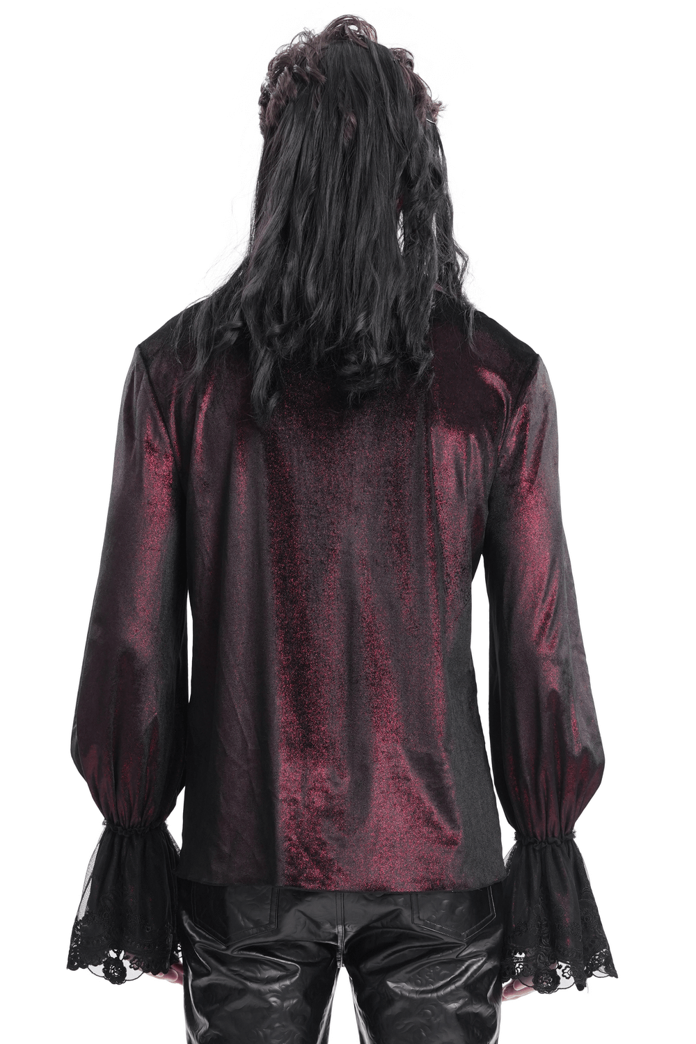 Back view of Gothic Lace Detailed Vampire Shirt with chains, showcasing lace-trimmed sleeves and rich dark fabric.