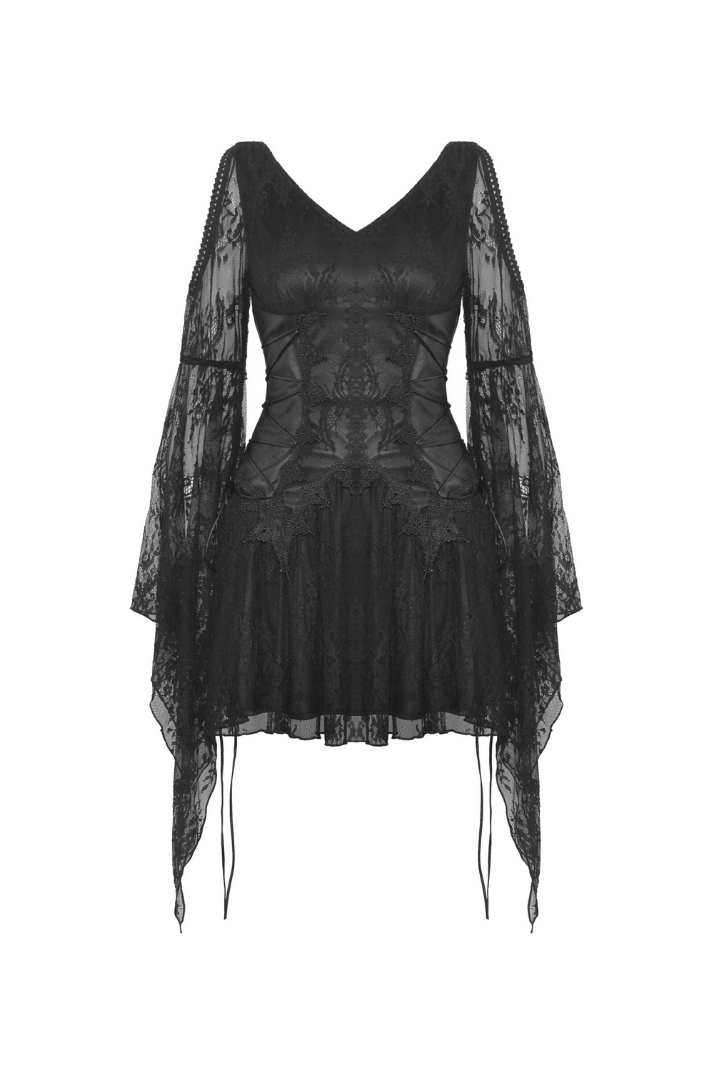 Gothic Lace Dress with Bell Sleeves and Fishnet Detail