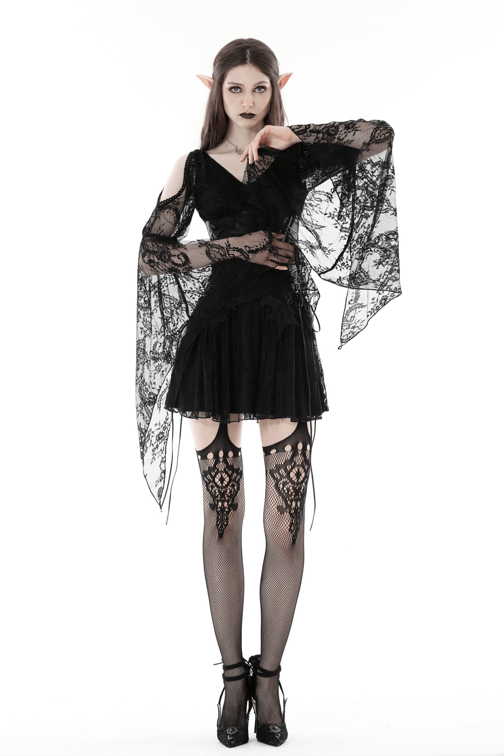 Gothic Lace Dress with Bell Sleeves and Fishnet Detail