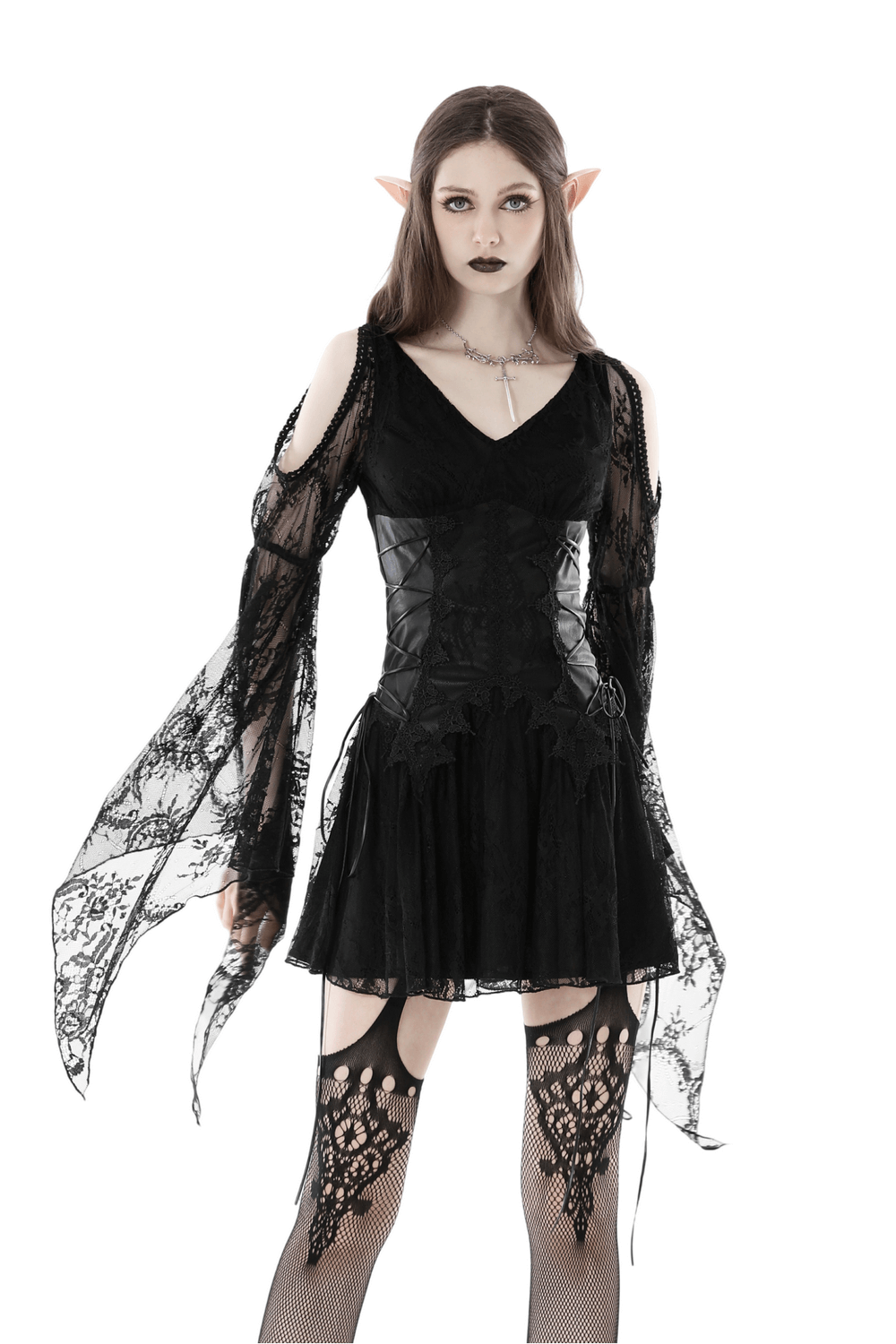 Gothic Lace Dress with Bell Sleeves and Fishnet Detail