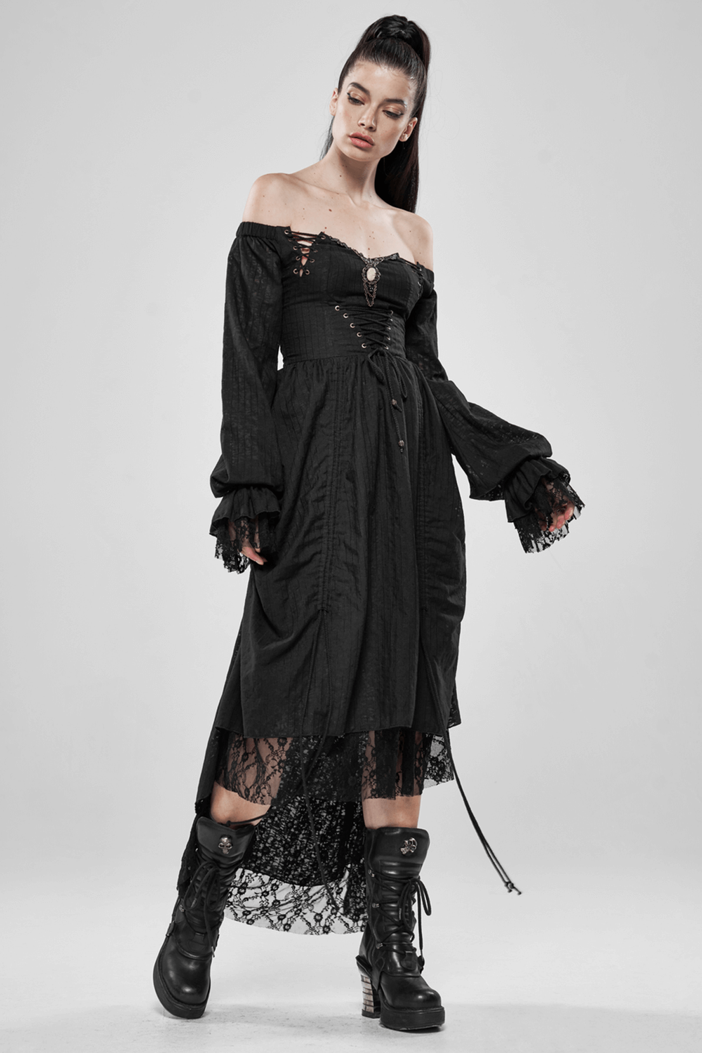 Gothic lace dress featuring off-shoulder design and lantern sleeves, perfect for a striking, edgy look.