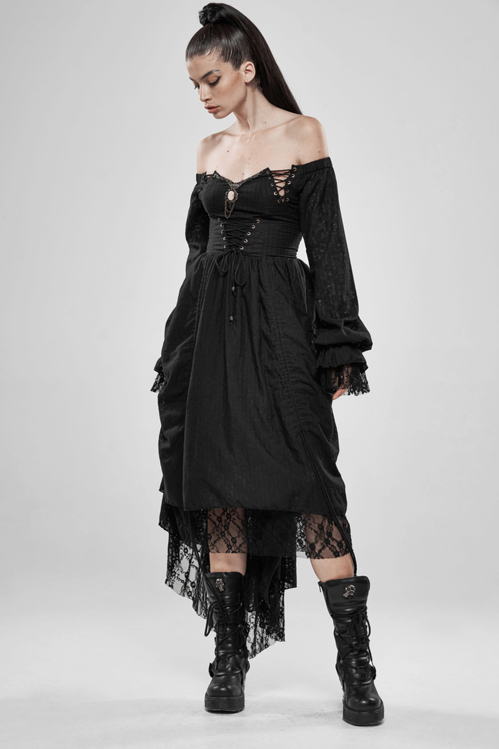 Gothic lace dress with off-shoulder design and lantern sleeves, perfect for a dramatic fashion statement.