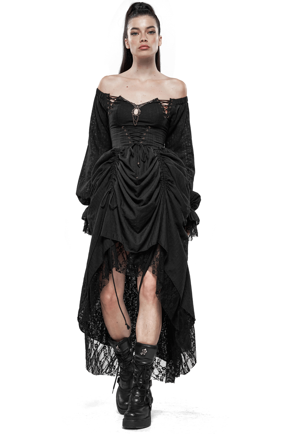 Gothic lace dress featuring off-shoulder neckline and lantern sleeves, perfect for edgy fashion statements.