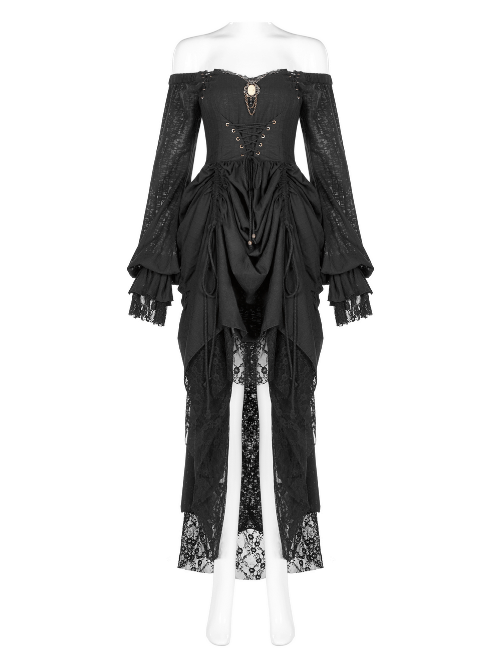 Gothic lace dress featuring off-shoulder design and lantern sleeves, perfect for a hauntingly stylish look.