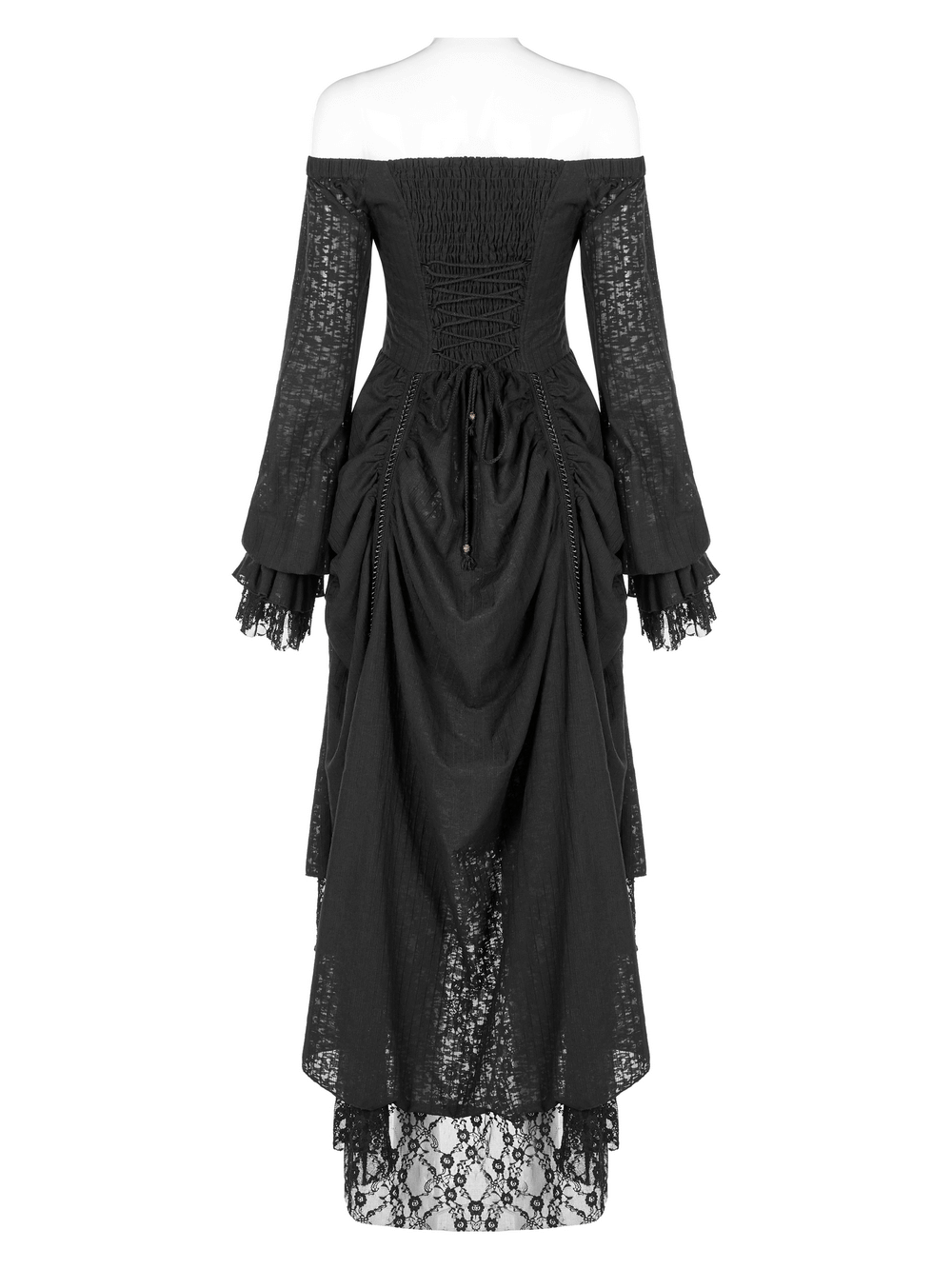 Back view of a gothic lace dress featuring off-shoulder and lantern sleeves for a dramatic, elegant look.