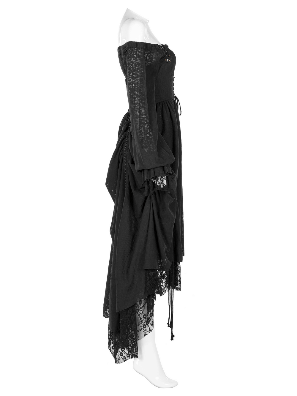 Gothic lace dress featuring off-shoulder design and stylish lantern sleeves, perfect for dramatic evening wear.