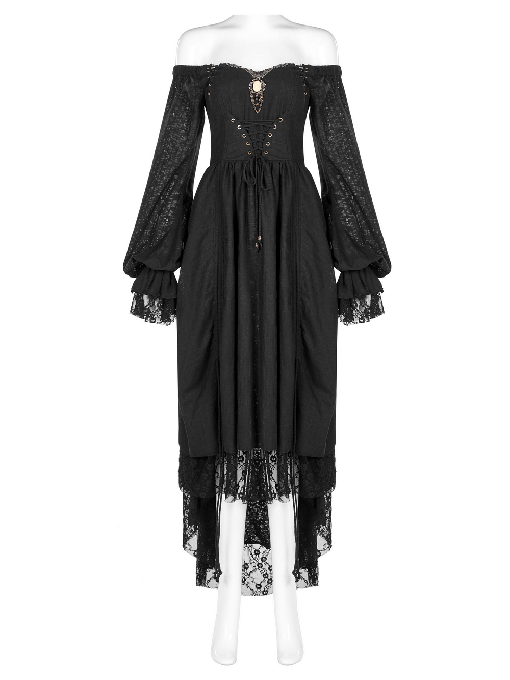 Elegant Gothic lace dress with off-shoulder style and lantern sleeves, perfect for any dark romantic occasion.