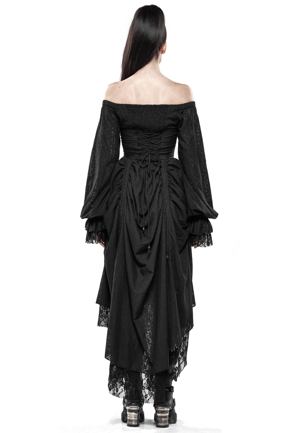 Gothic lace dress featuring off-shoulder design and lantern sleeves, perfect for a dark, stylish look.