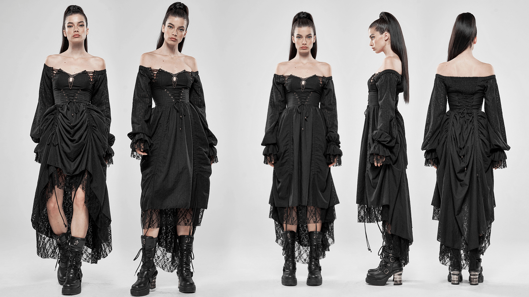 Gothic lace dress with off-shoulder design and lantern sleeves, perfect for a fashionable, edgy look.