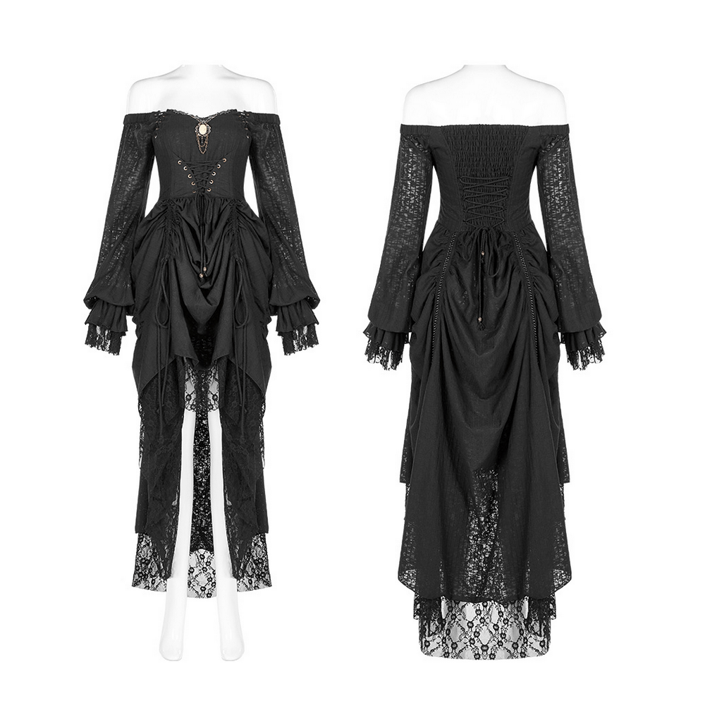 Gothic lace dress featuring off-shoulder design and elegant lantern sleeves, perfect for a dramatic look.