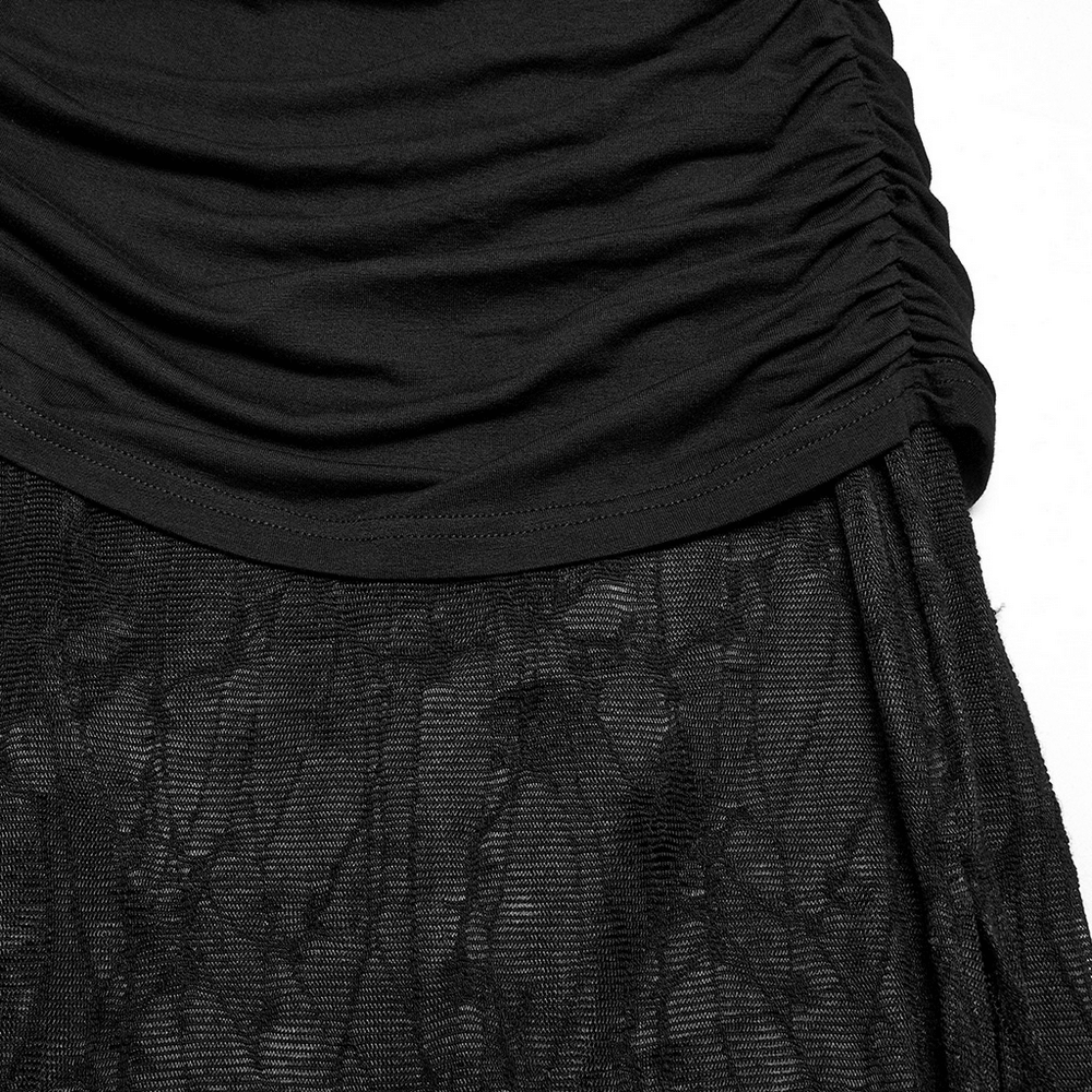 Close-up of the ruched hip detail and textured mesh of a gothic fishtail skirt, showcasing its punk-inspired elegance.