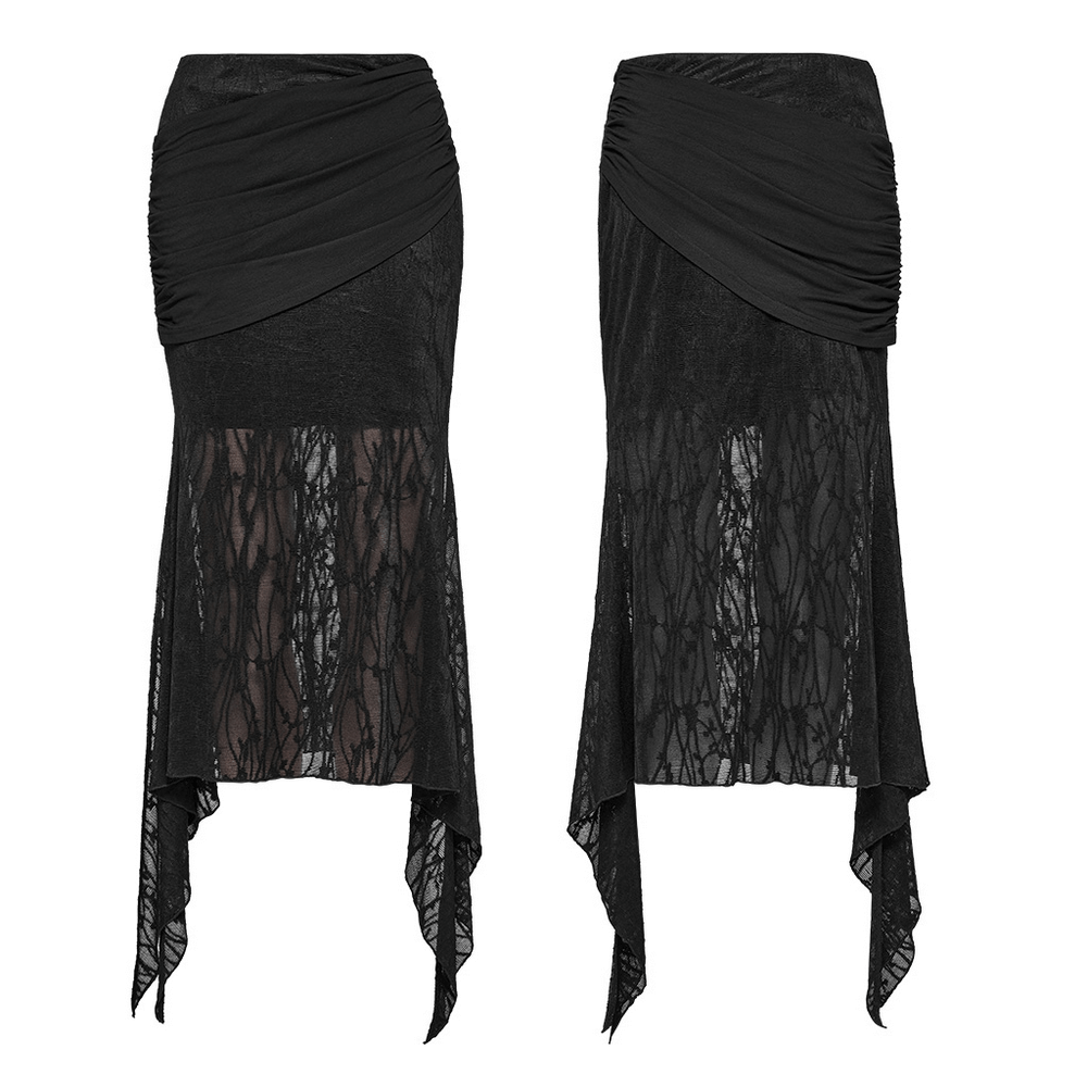 Gothic lace fishtail skirt showcasing ruched hip detail and asymmetrical hem for a punk-inspired look.
