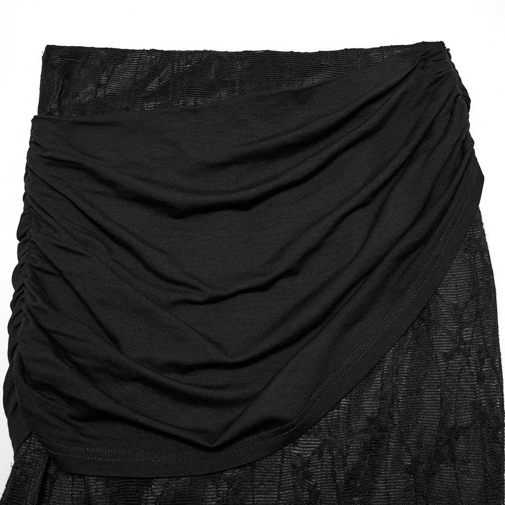 Close-up of the ruched hip detail on a gothic lace fishtail skirt, showcasing textural contrast and stylish design.