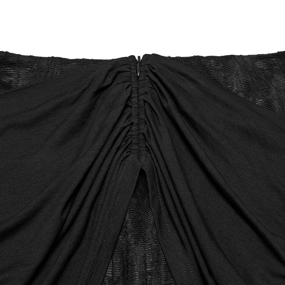 Close-up of the ruched hip detail and hidden zipper of a gothic lace fishtail skirt.