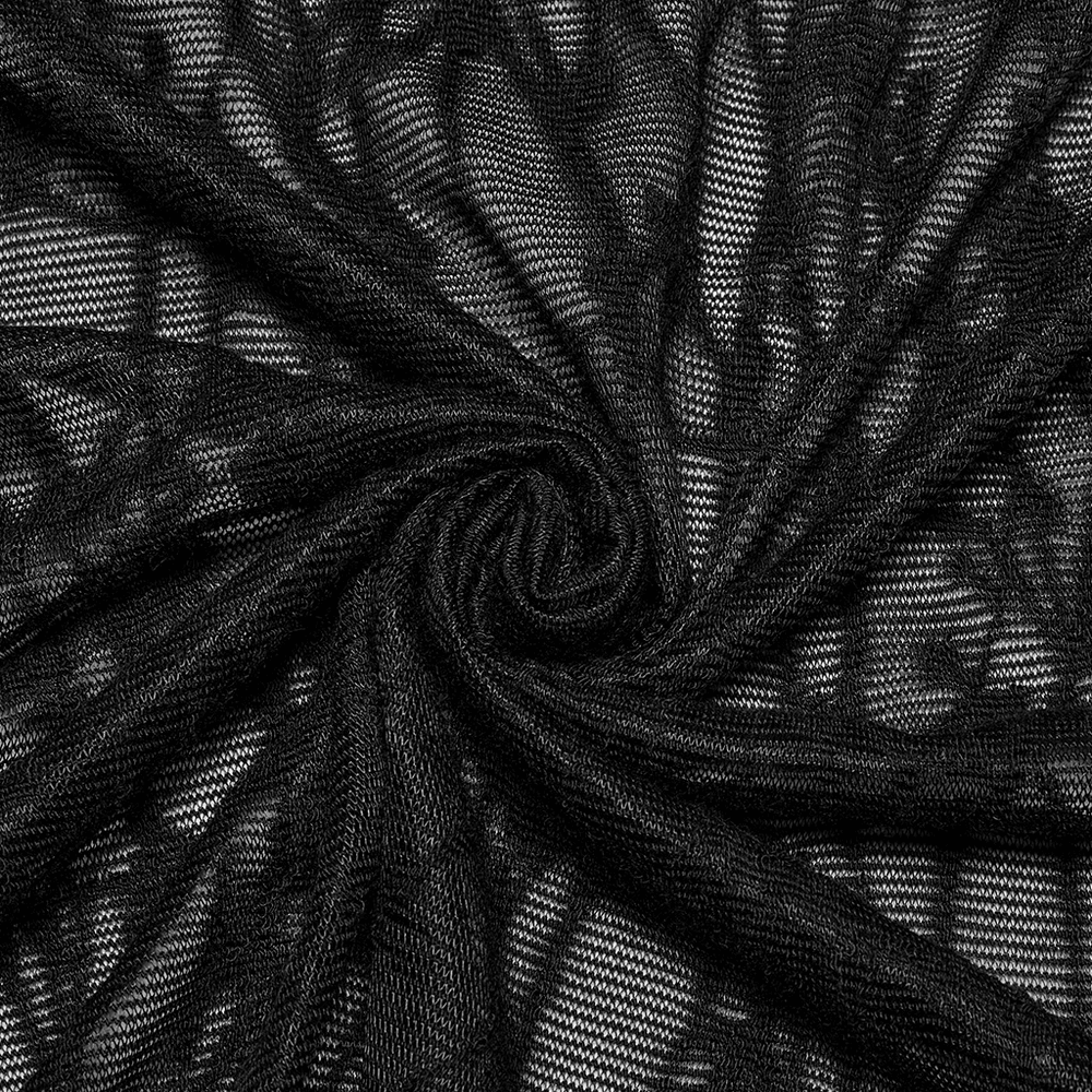 Close-up of intricate black lace fabric, showcasing detailed texture for gothic fashion garments.