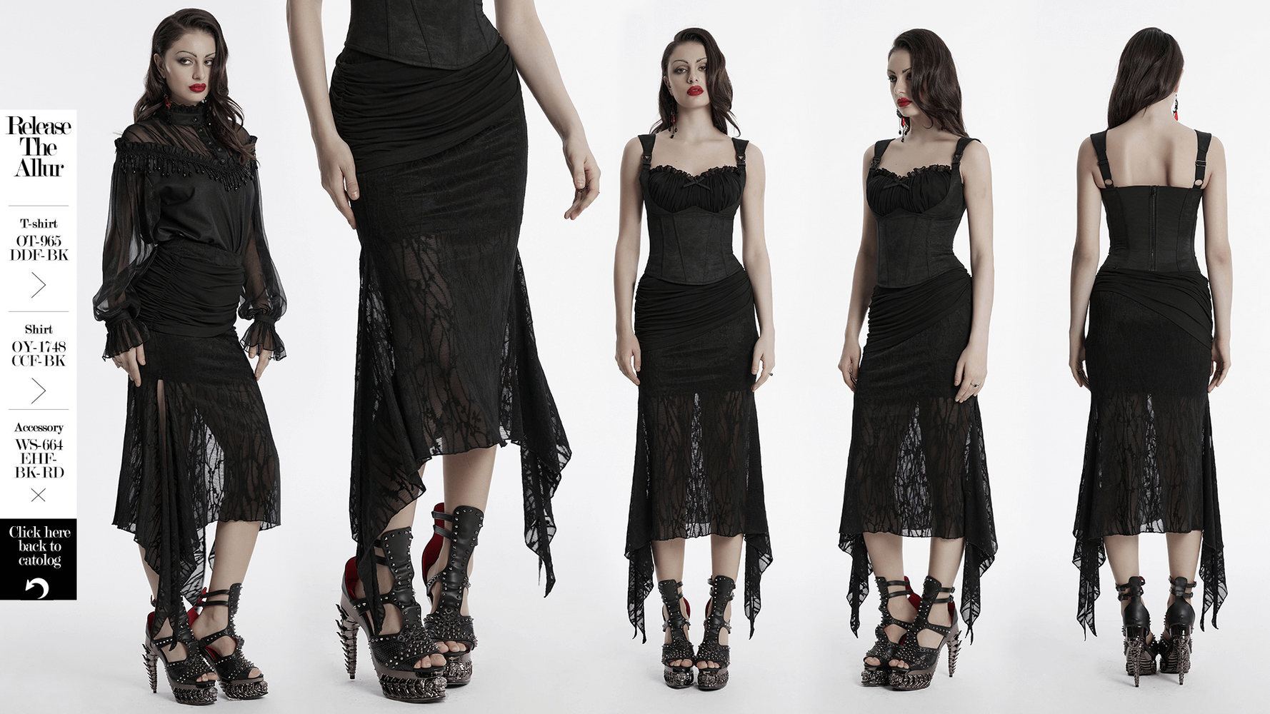 Gothic lace fishtail skirt with ruched hip detail, showcasing asymmetrical hem and punk-inspired elegance.