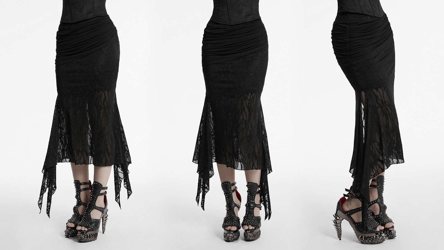 Gothic lace fishtail skirt with ruched hip detail, featuring an asymmetrical hem and stylish punk-inspired heels.