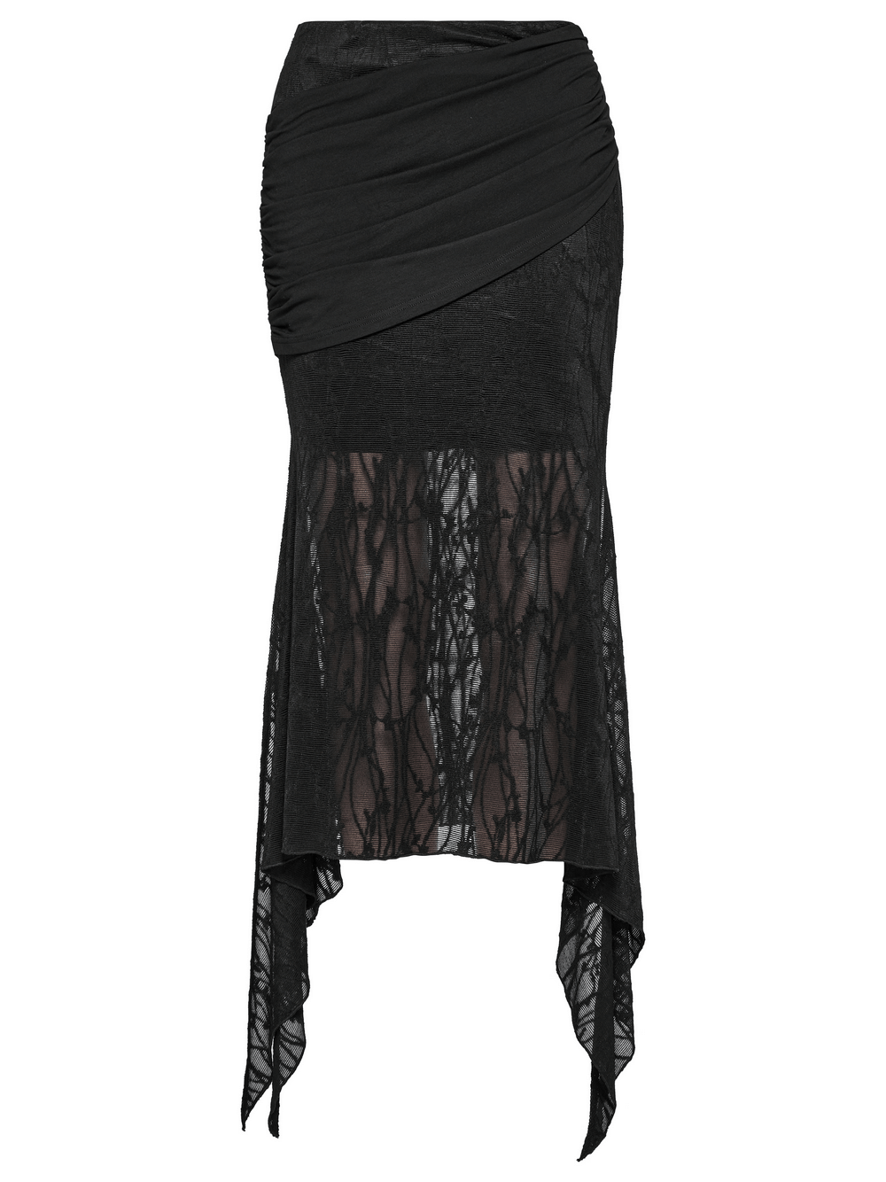 Gothic lace fishtail skirt with ruched hip detail and asymmetrical hem in black, perfect for punk-inspired fashion.