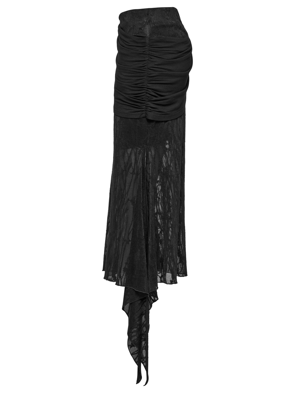 Gothic lace fishtail skirt with ruched hip detail and asymmetrical hem for an edgy punk-inspired look.