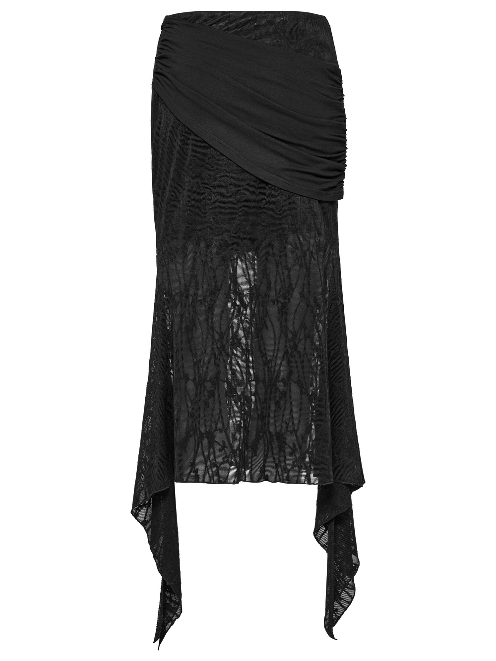 Gothic lace fishtail skirt with ruched hip detail and asymmetrical hem in black, perfect for alternative fashion.