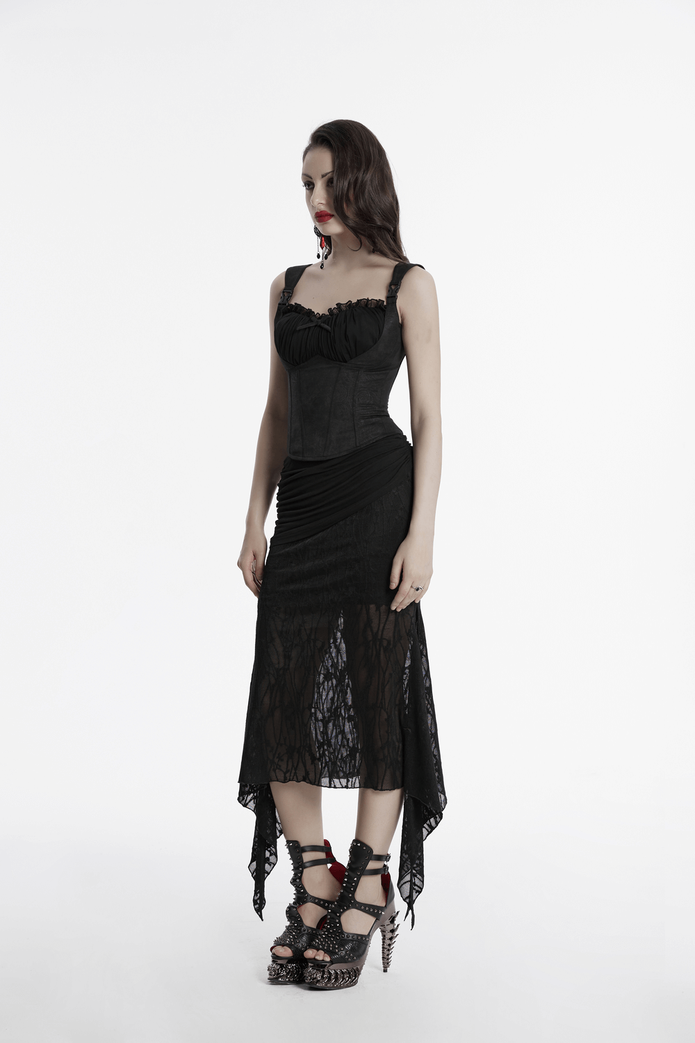 Gothic lace fishtail skirt with ruched hip detail and asymmetrical hem in black, perfect for punk-inspired fashion.