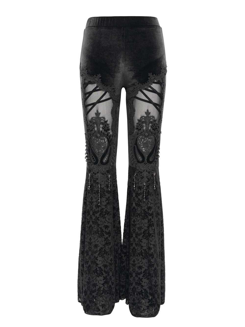 Gothic lace flare pants featuring velvet fabric, intricate embroidery, mesh panels, and bold cutouts for a dramatic look.