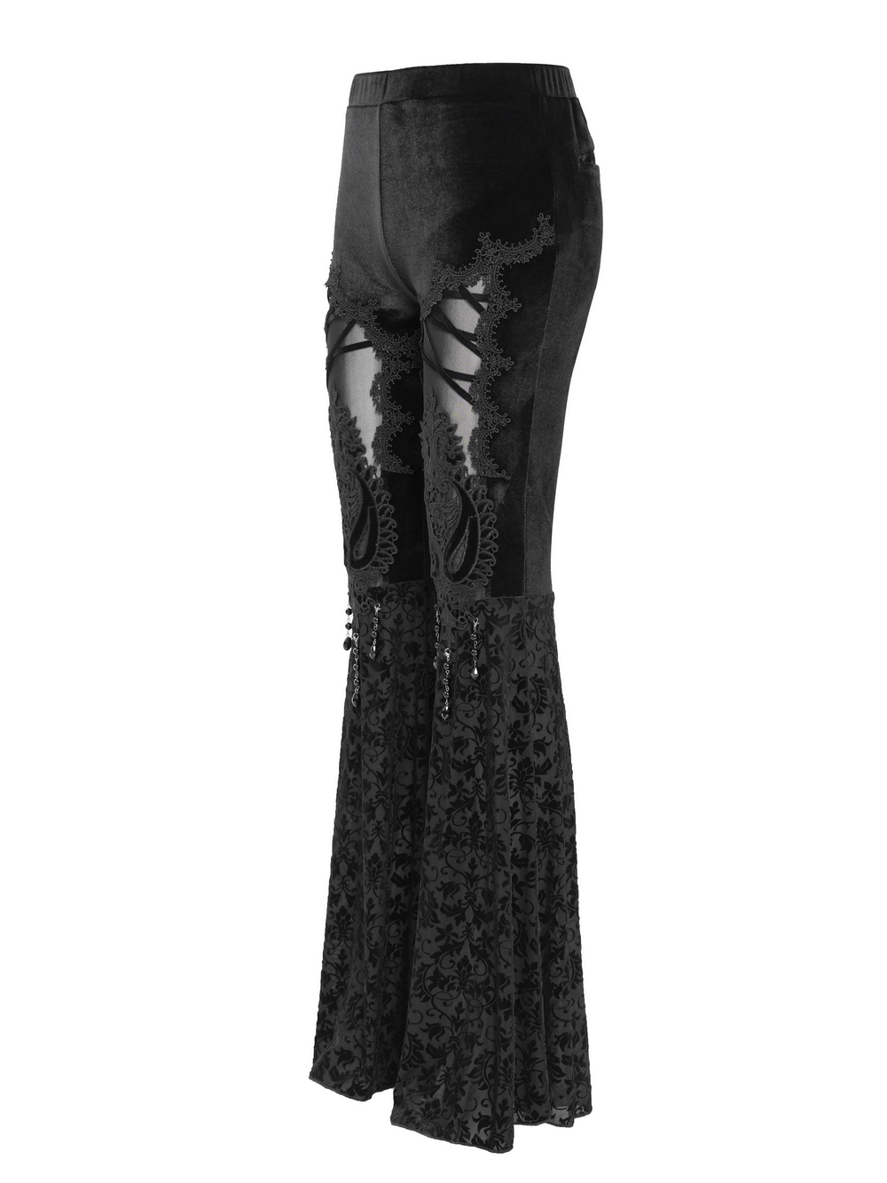 Gothic lace flare pants featuring velvet, sheer panels, and embroidered details, perfect for an edgy vintage style.