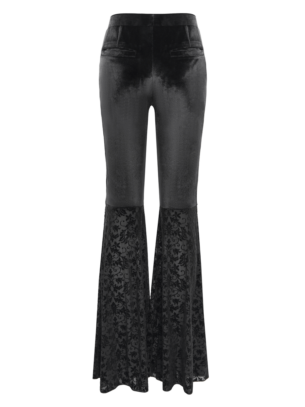 Gothic lace flare pants in velvet with intricate cutouts and mesh panels for a dramatic, vintage-inspired look.