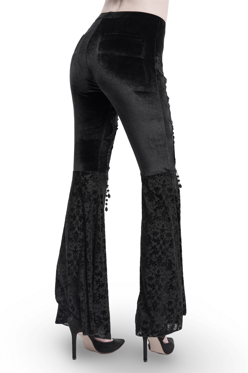 Gothic lace flare pants with velvet fabric, sheer lace panels, and decorative beads, creating a vintage edgy look.