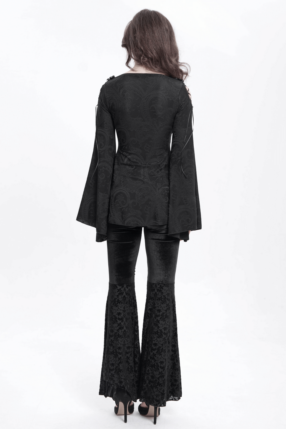 Gothic velvet bell-bottom pants with lace panels and matching bell sleeve top, showcasing a dramatic back view.