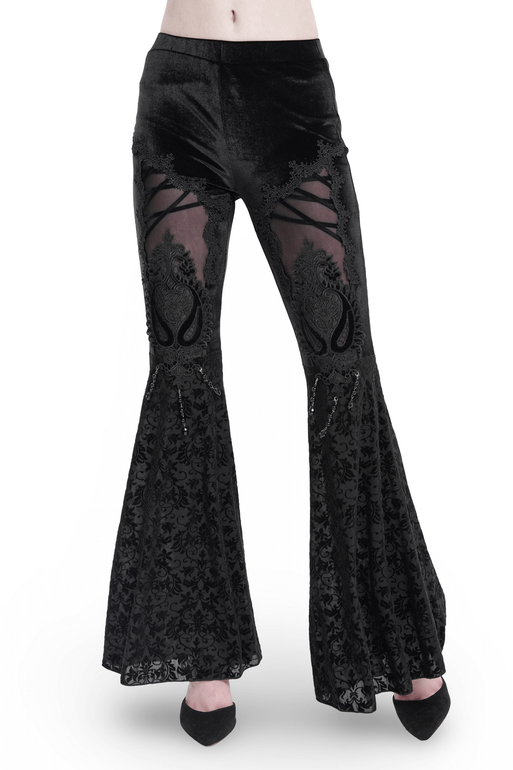 Gothic velvet flare pants with lace and mesh panels featuring bold cutouts and embroidered details for a dramatic vintage vibe.