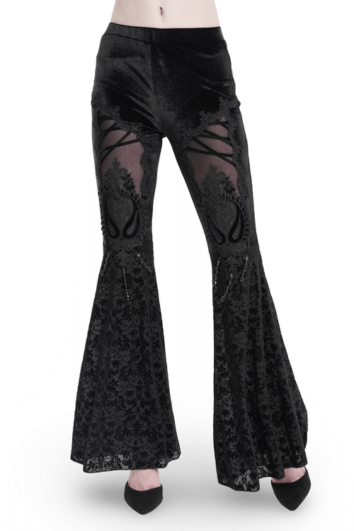 Gothic Lace Flare Pants with Embroidery and Mesh Panels