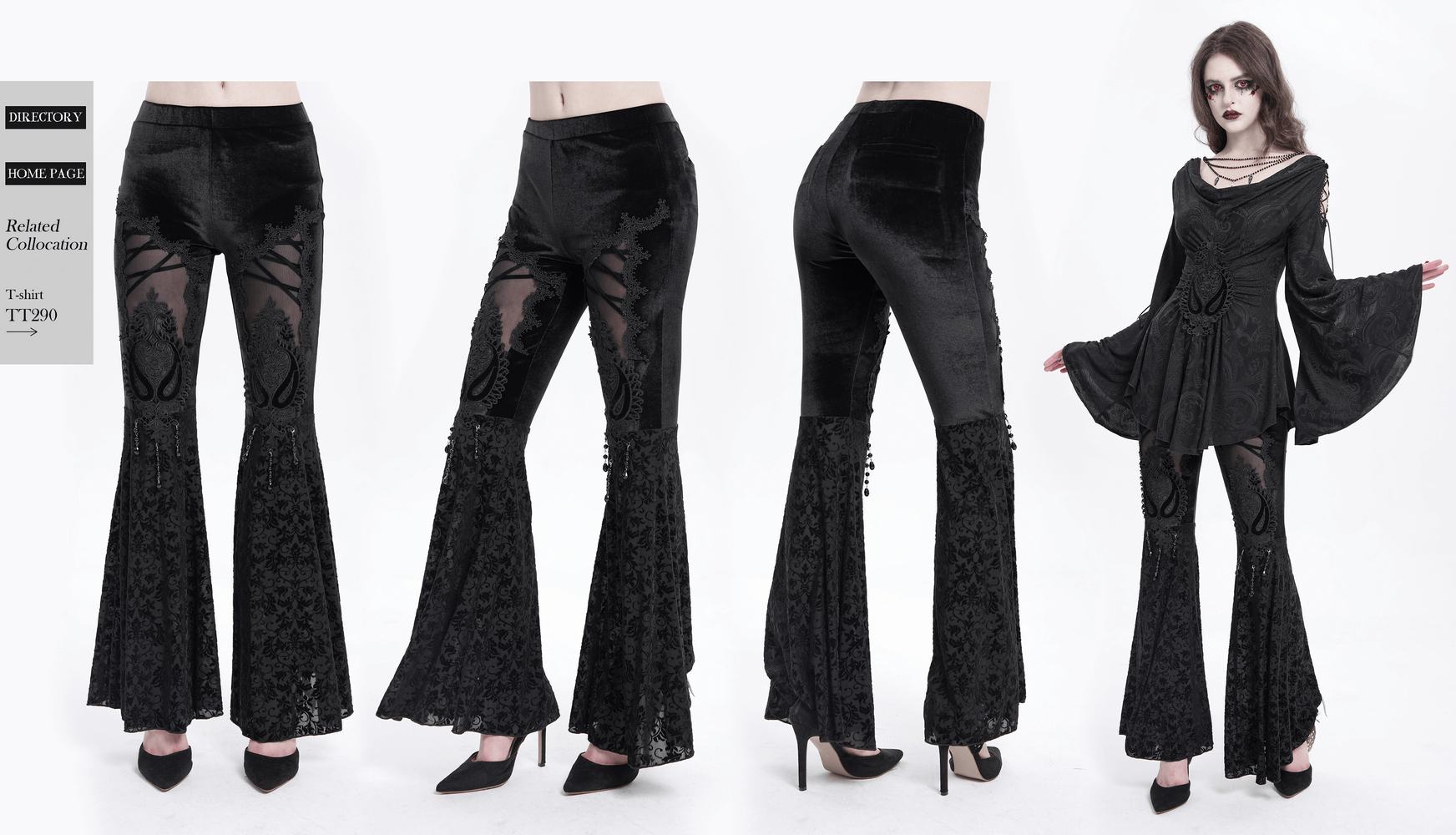 Gothic lace flare pants featuring velvet fabric, sheer panels, and intricate embroidery, ideal for a dramatic, edgy look.